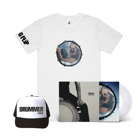 G Flip / DRUMMER LP Vinyl, White T-Shirt & White Trucker Hat Bundle
